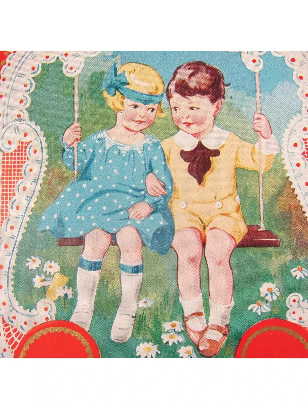 Antique Valentine Blonde Girl Blue Dress Boy Swing Daisy Flowers Die cut Bifold